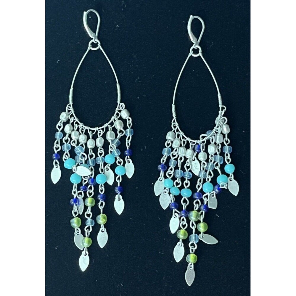 Dangle Earrings Loop Chandelier Blue Beaded Drop Silvertone Boho Hippie Festival